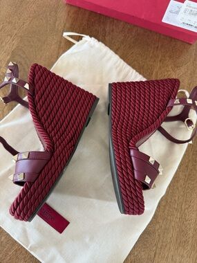 Valentino Garavani Burgundy Leather Studded Rope-Wrap Wedges